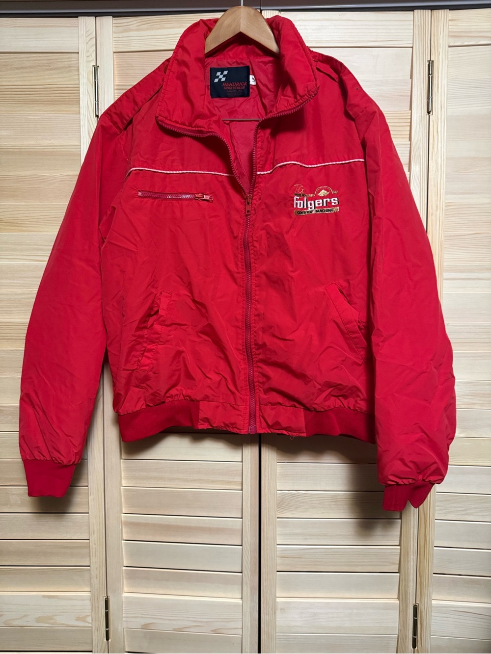 Folgers Vintage NASCAR Red Men's Bomber Jacket – Zip Front Casual Coat